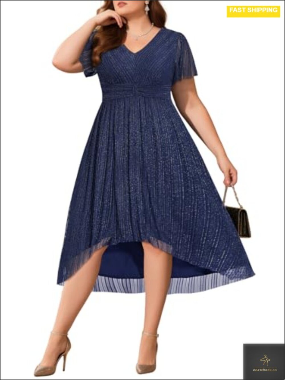Plus Size Cocktail Dress Glitter Flutter Sleeve V-Neck High Low Midi